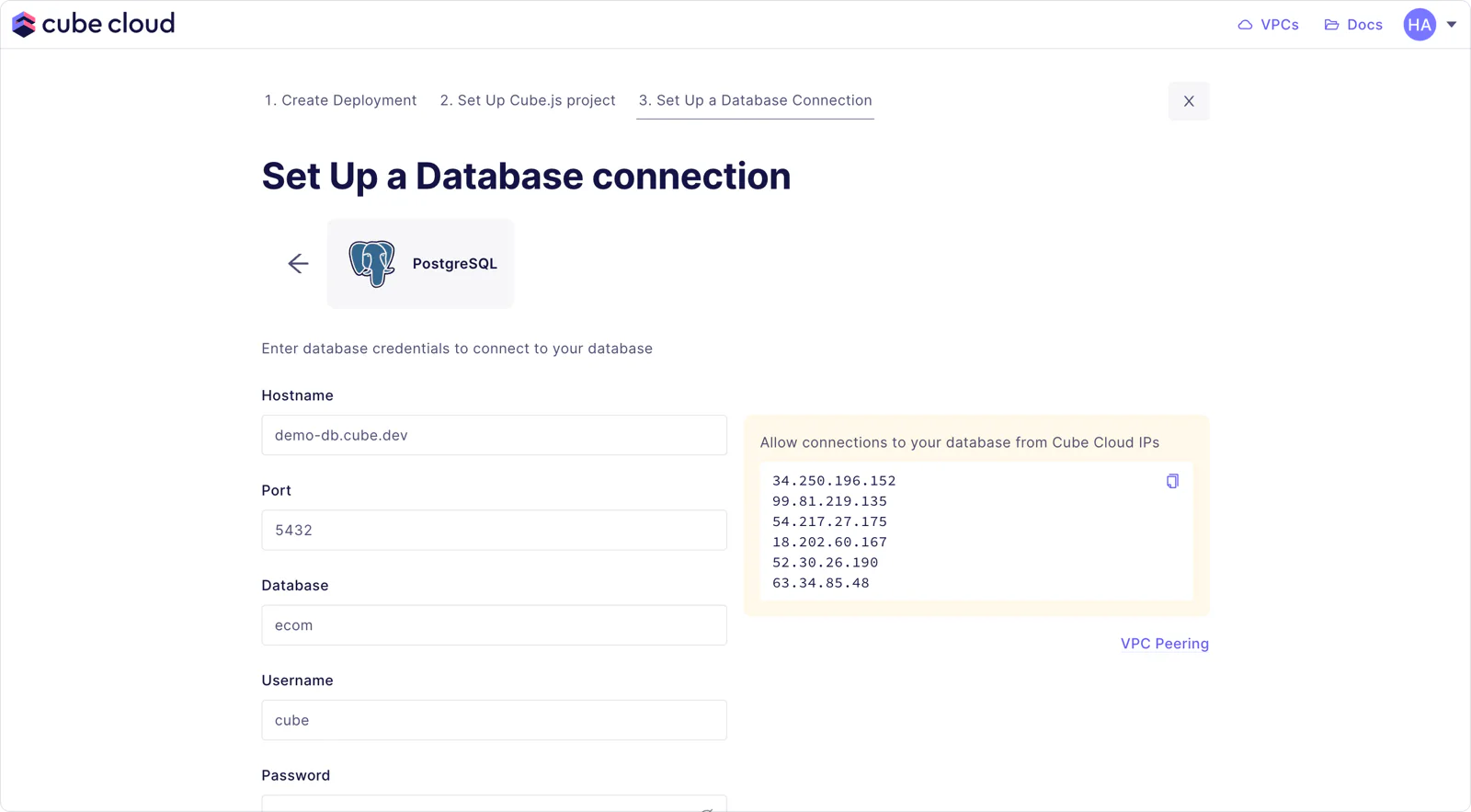 Configuring database credentials for a new Cube Cloud deployment