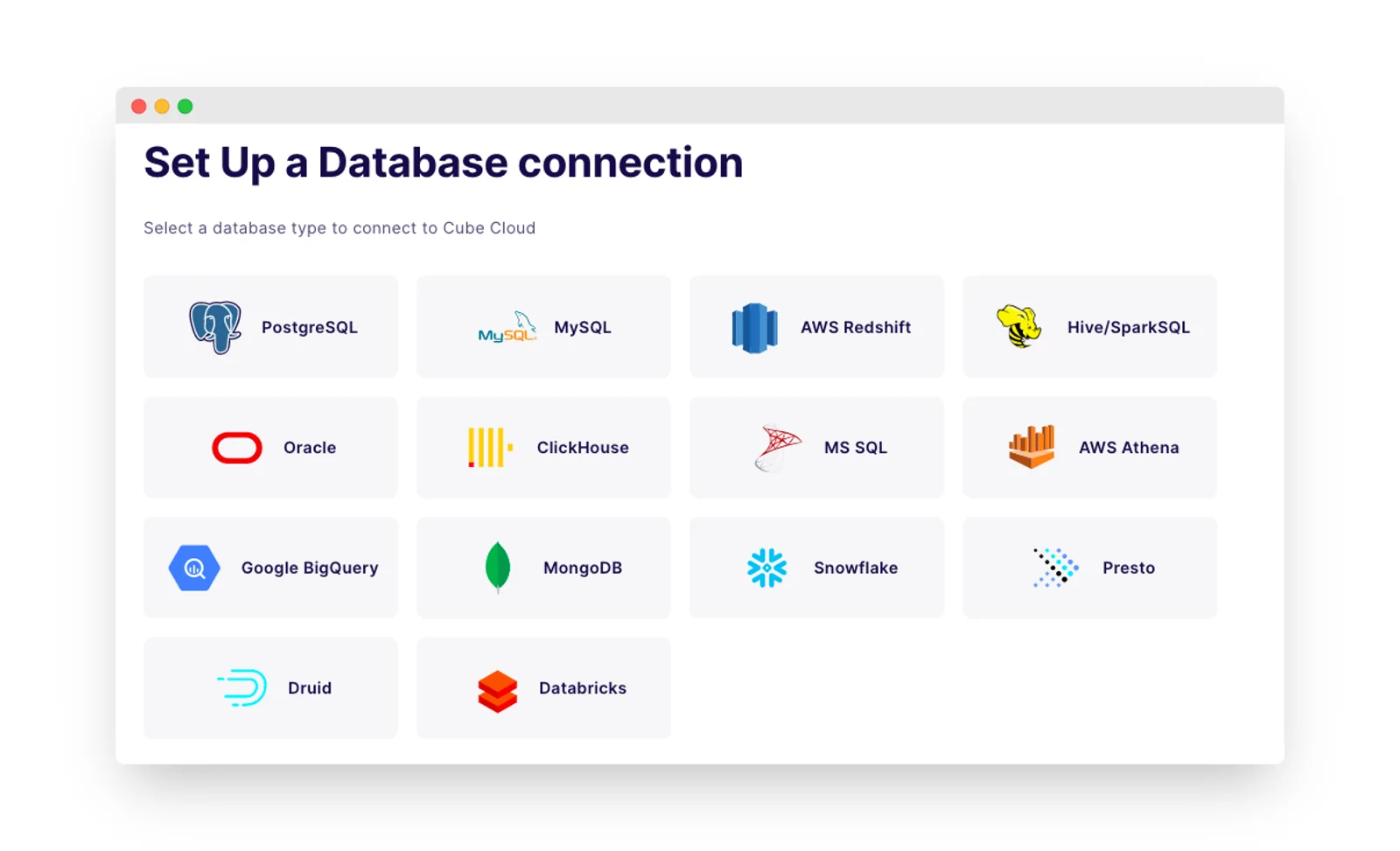 Database connections supported by Cube