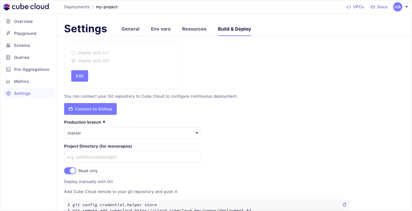 Cube Cloud Build and Deploy settings