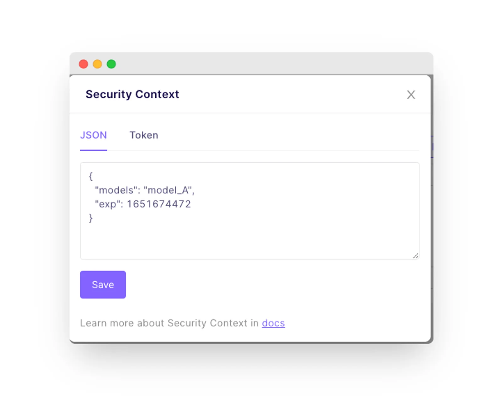 The Security Context window in the Playground view