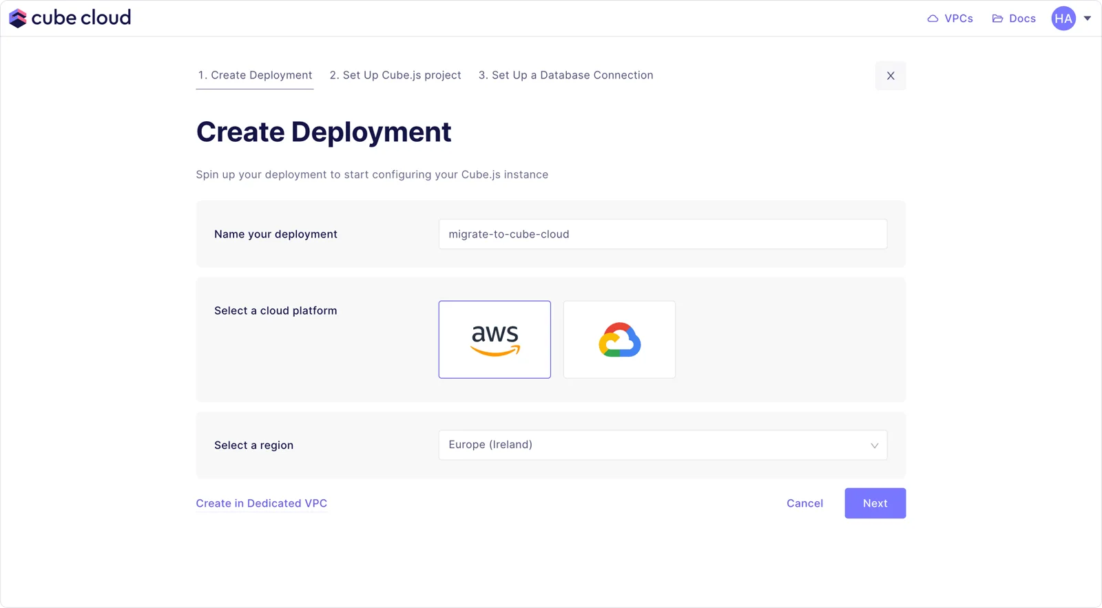 Creating a new deployment on Cube Cloud