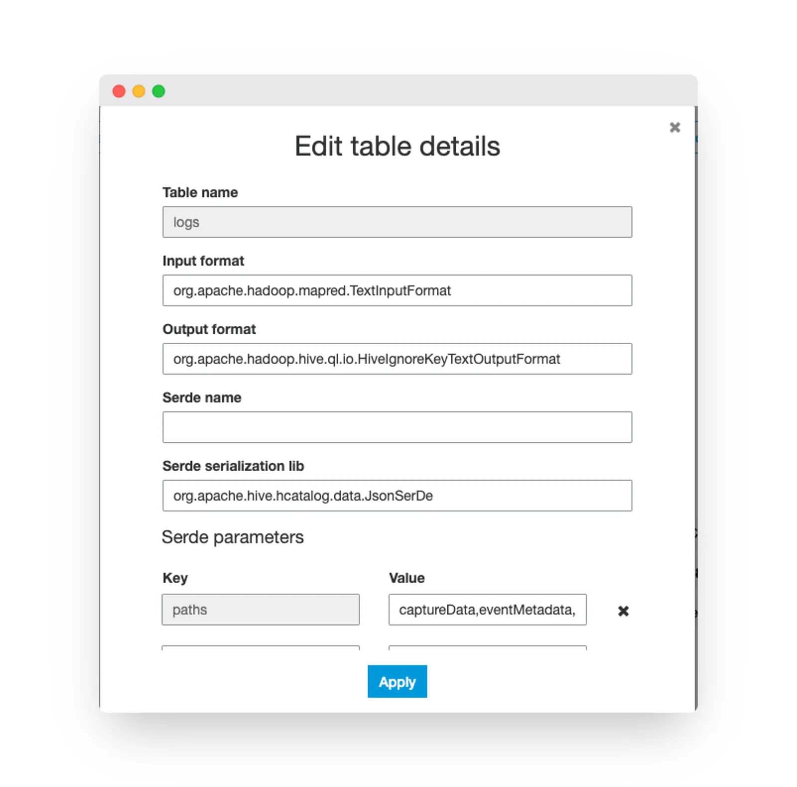JSON serialization configured in the table details view