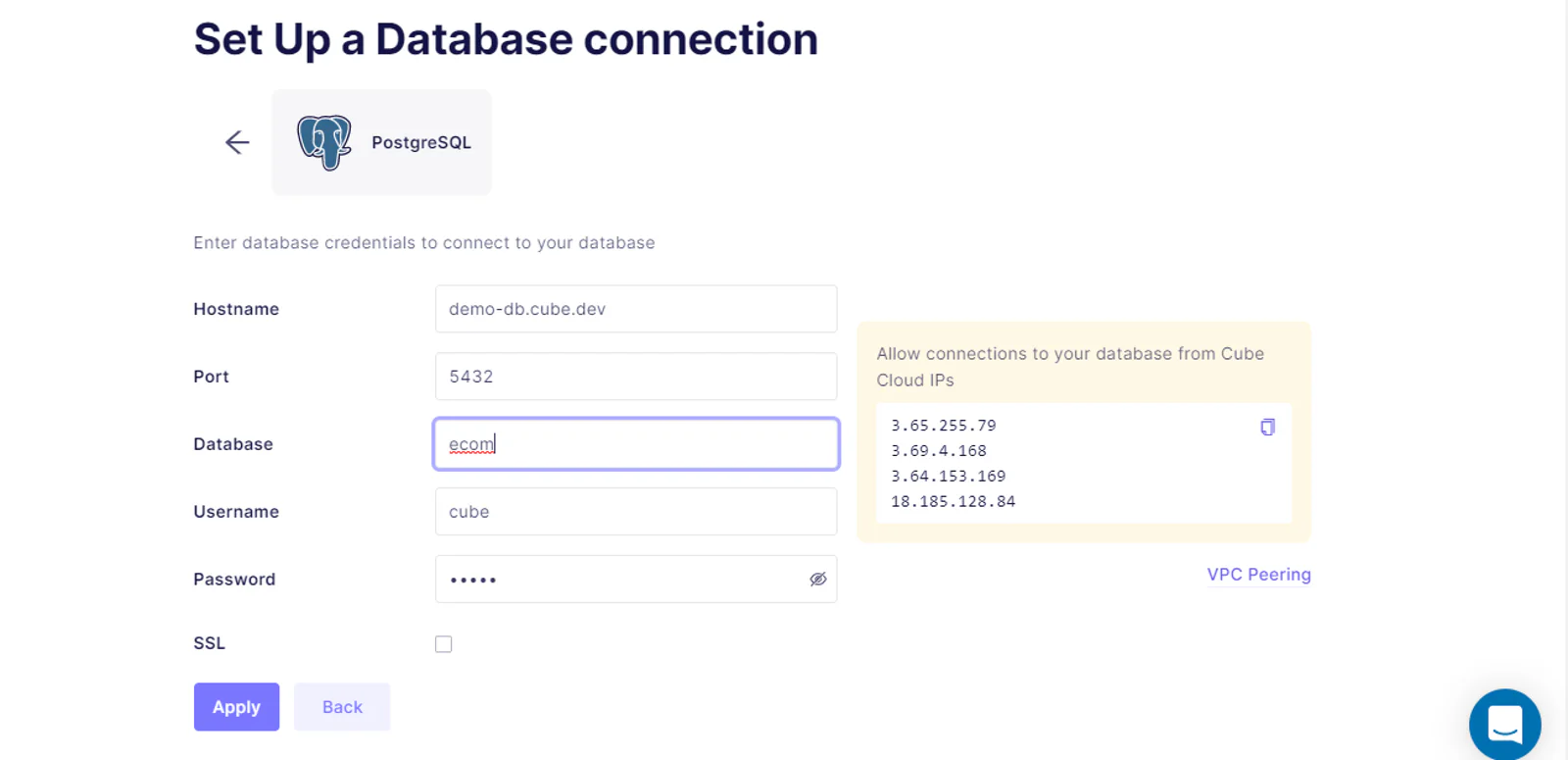 Cube cloud database connection